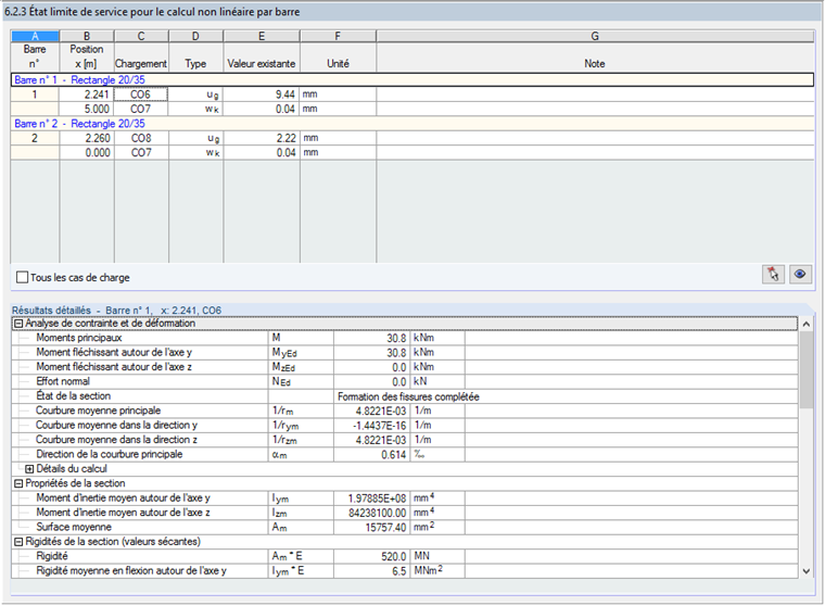 Fenêtre « 6.2.3 État limite de service pour le calcul non linéaire par barre »