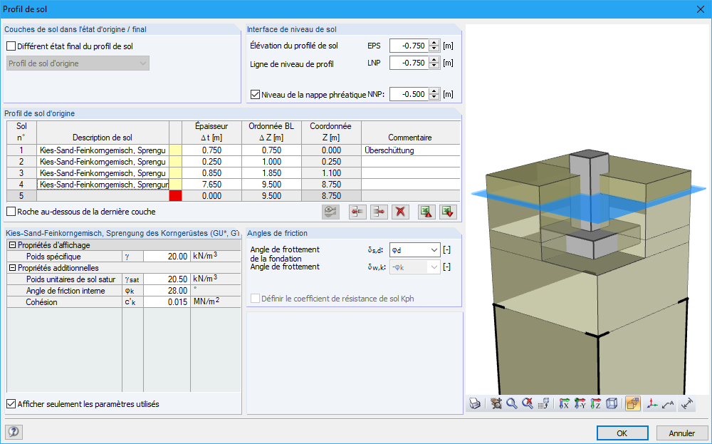 Activation du niveau d’eau souterraine pour le profil de sol