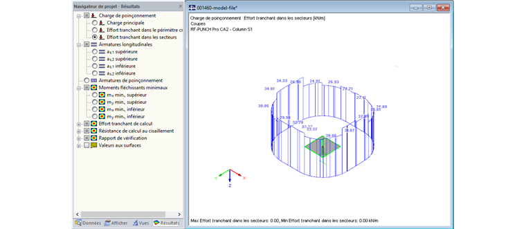 Effort tranchant déterminé dans chaque secteur au poteau au milieu de la dalle