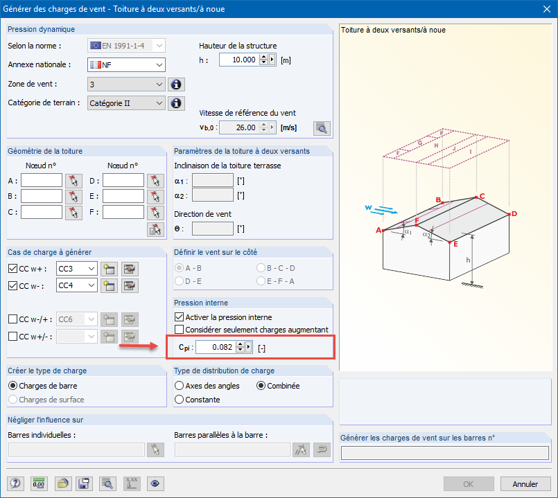 Entrée du coefficient de pression intérieure dans le générateur de charge de vent dans RFEM