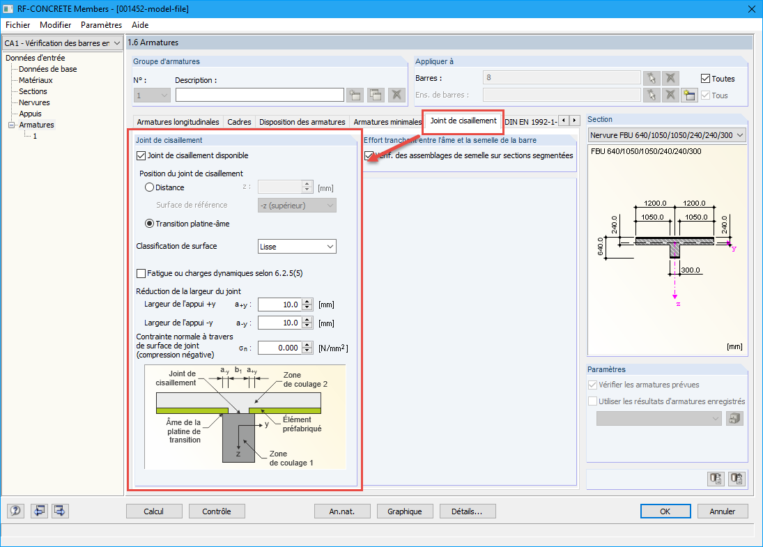 Activation et contrôle du joint de cisaillement dans RF-CONCRETE Members