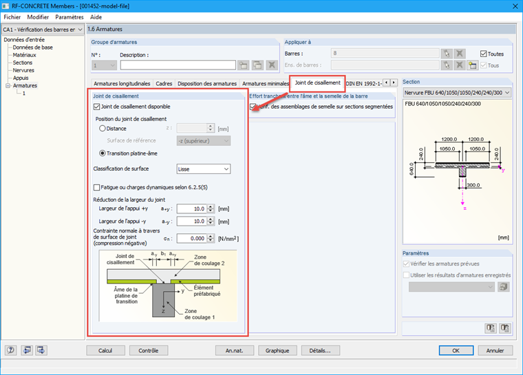 Activation et contrôle du joint de cisaillement dans RF-CONCRETE Members