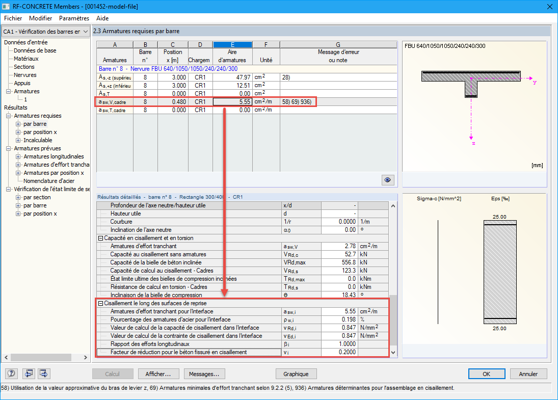 Sortie de résultat pour la vérification du joint de cisaillement