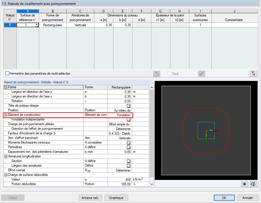 Fenêtre 1.5 avec définition du composant pour la vérification de la résistance au poinçonnement