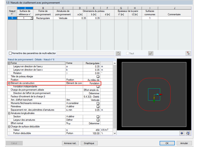 Fenêtre 1.5 avec définition du composant pour la vérification de la résistance au poinçonnement