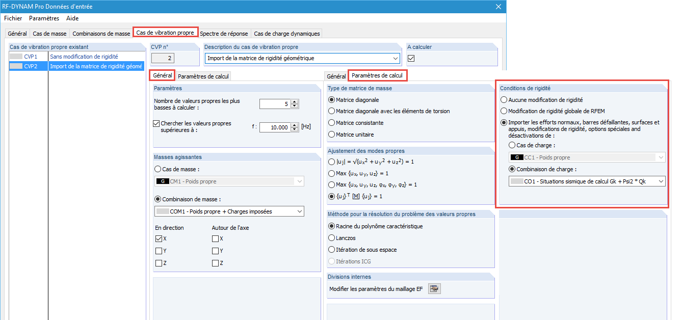 Paramètres pour la détermination des valeurs propres dans RF-DYNAM Pro - Natural Vibrations