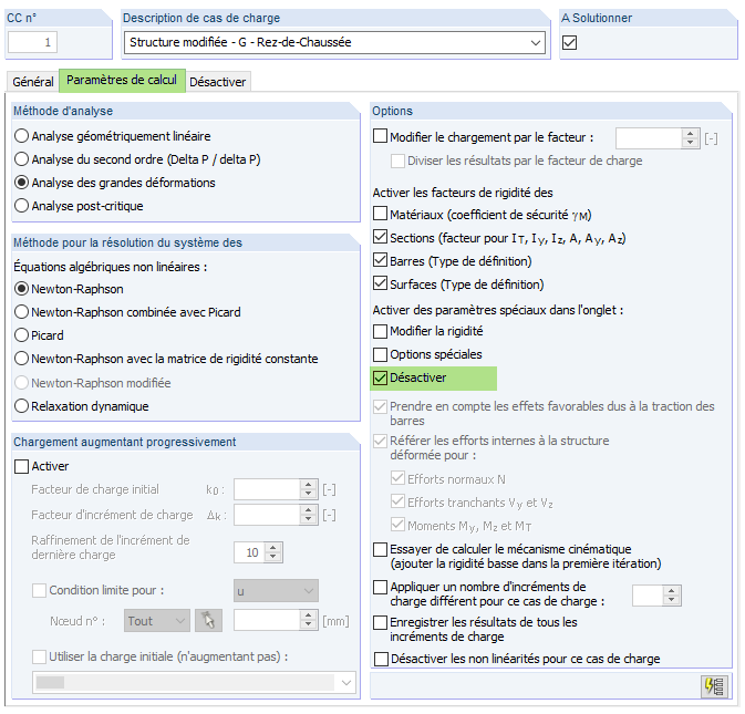 Paramètres de calcul de cas de charge