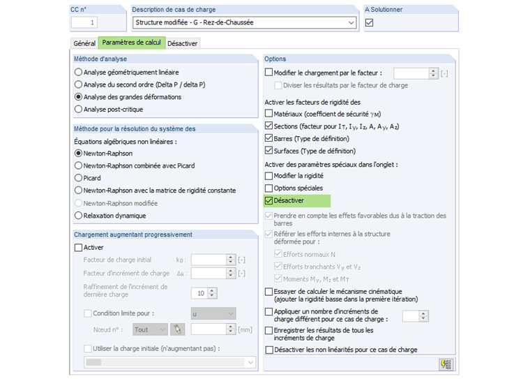 Paramètres de calcul de cas de charge