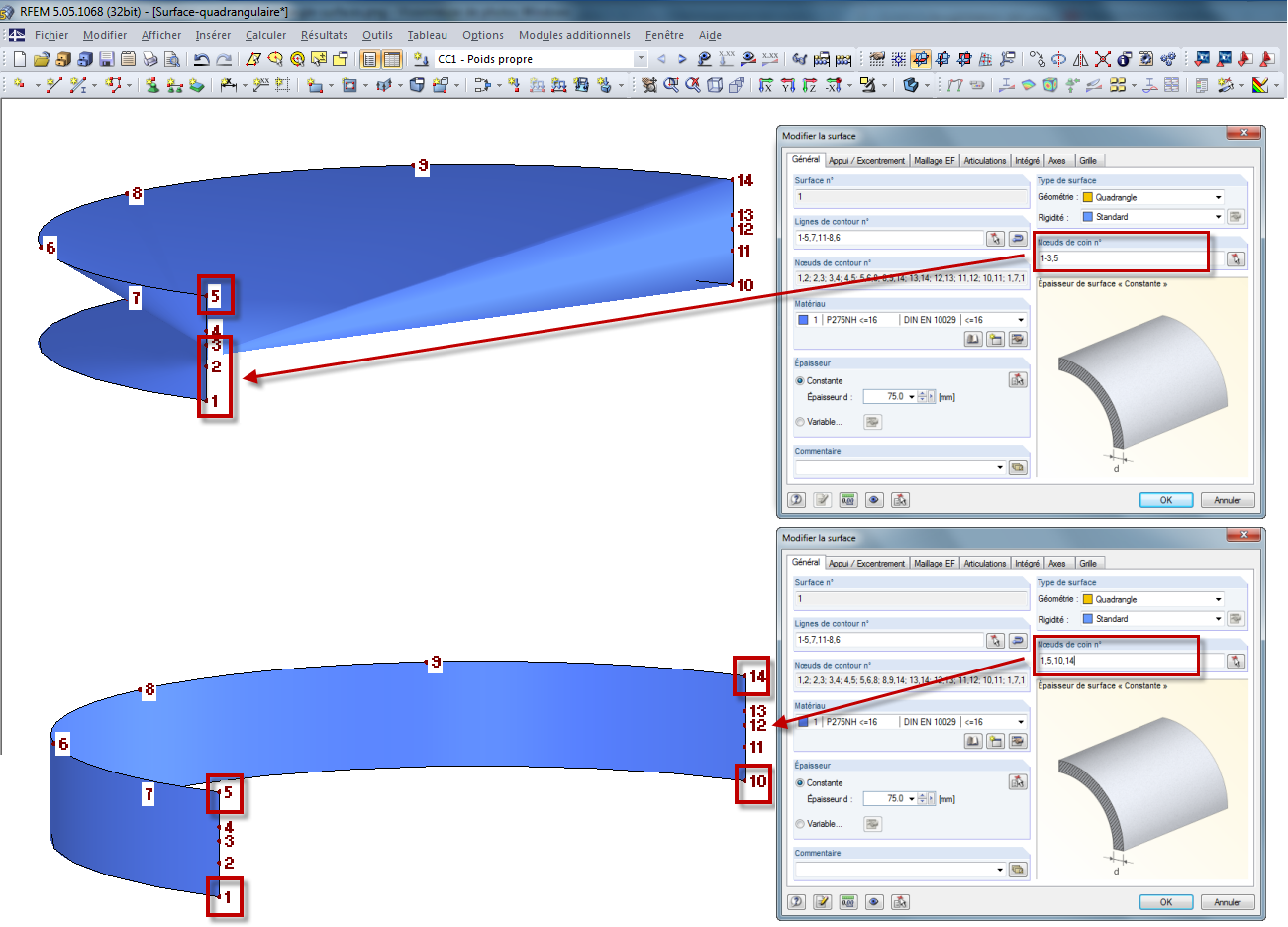 Nœuds de coin des surfaces quadrangulaires