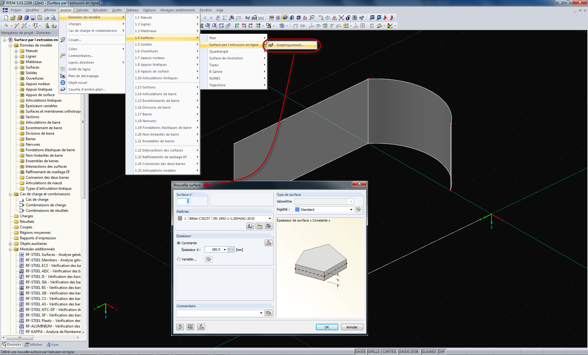 Extrude la ligne dans la surface