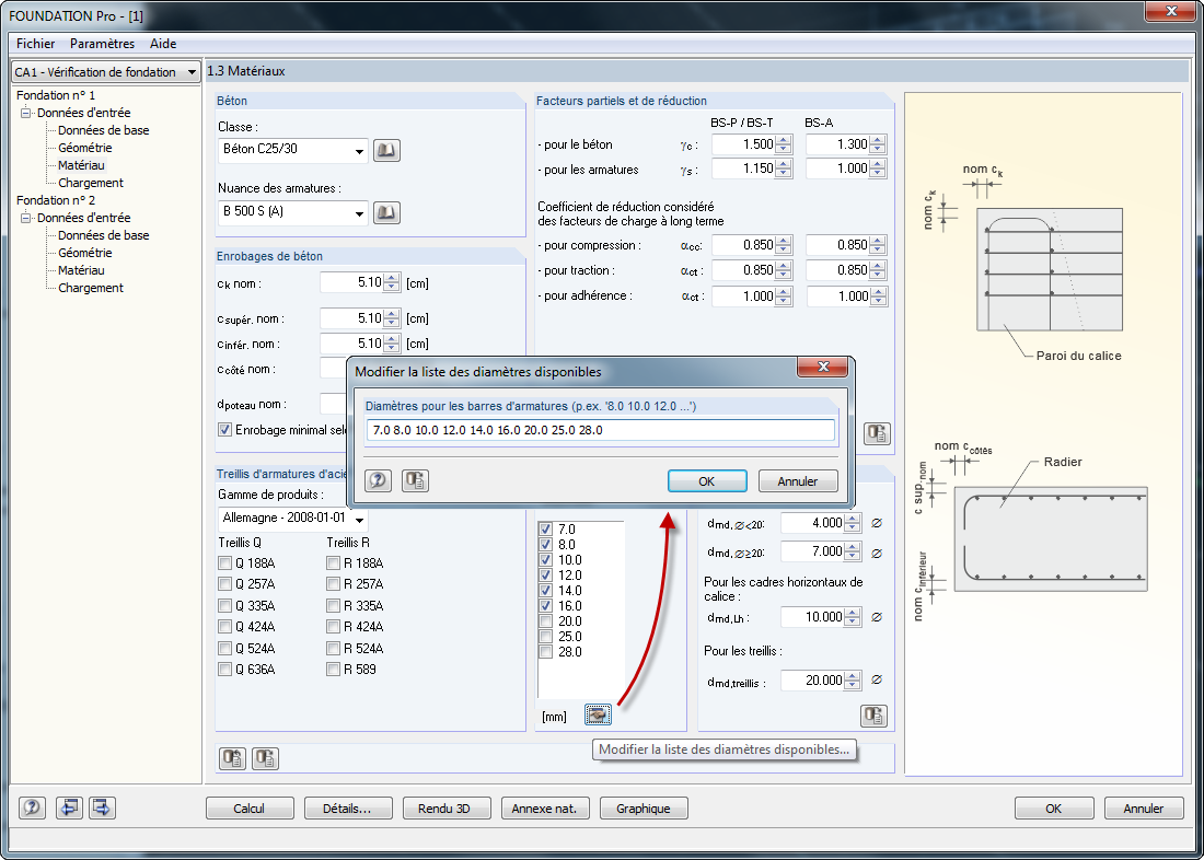 Ajustement des diamètres des barres d’armatures disponibles dans RF-/FOUNDATION Pro