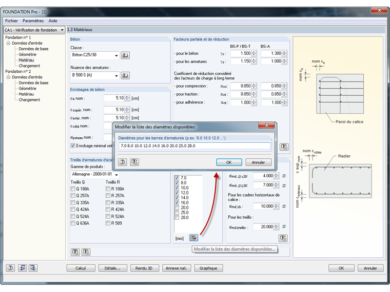 Ajustement des diamètres des barres d’armatures disponibles dans RF-/FOUNDATION Pro