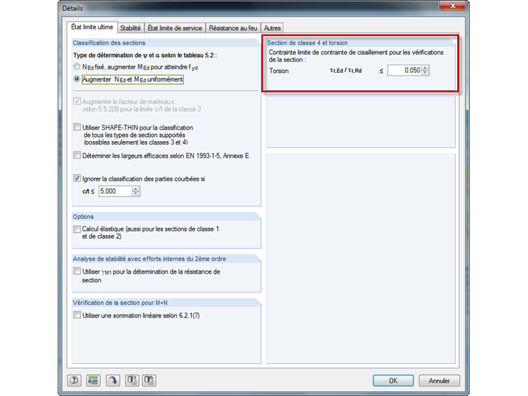 Valeur limite des contraintes de cisaillement de torsion pour le calcul de section