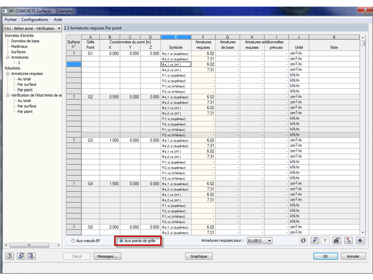 Tableaux de résultats de RF-CONCRETE Surfaces