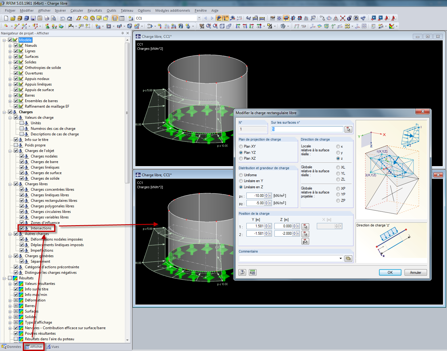 Affichage de l'intersection des charges surfaciques libres