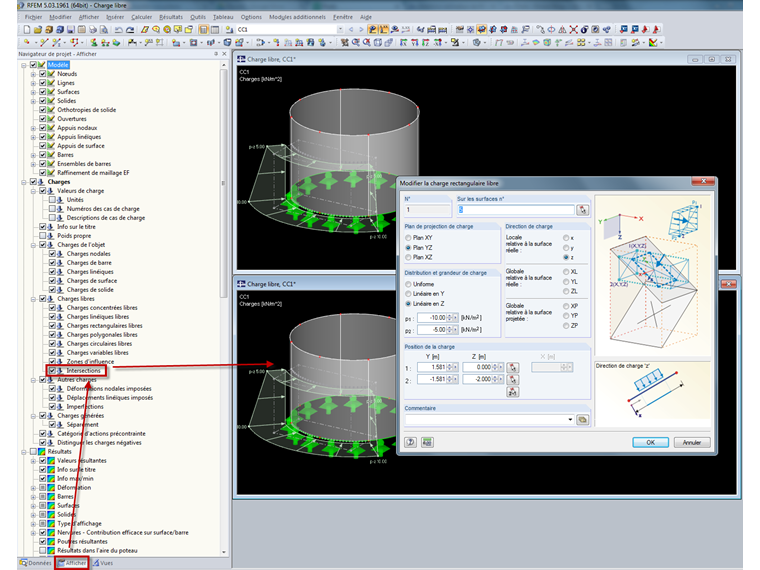 Affichage de l'intersection des charges surfaciques libres