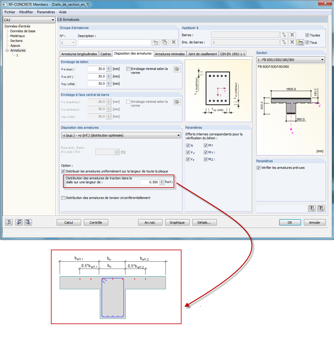 Distribution limitée de la largeur de l'armature de traction dans la dalle de compression des profilés en T
