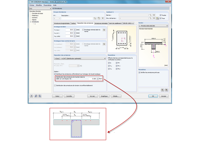 Distribution limitée de la largeur de l'armature de traction dans la dalle de compression des profilés en T