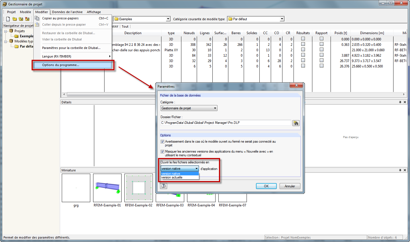 Festlegung des Standardprogramms im Projektmanager