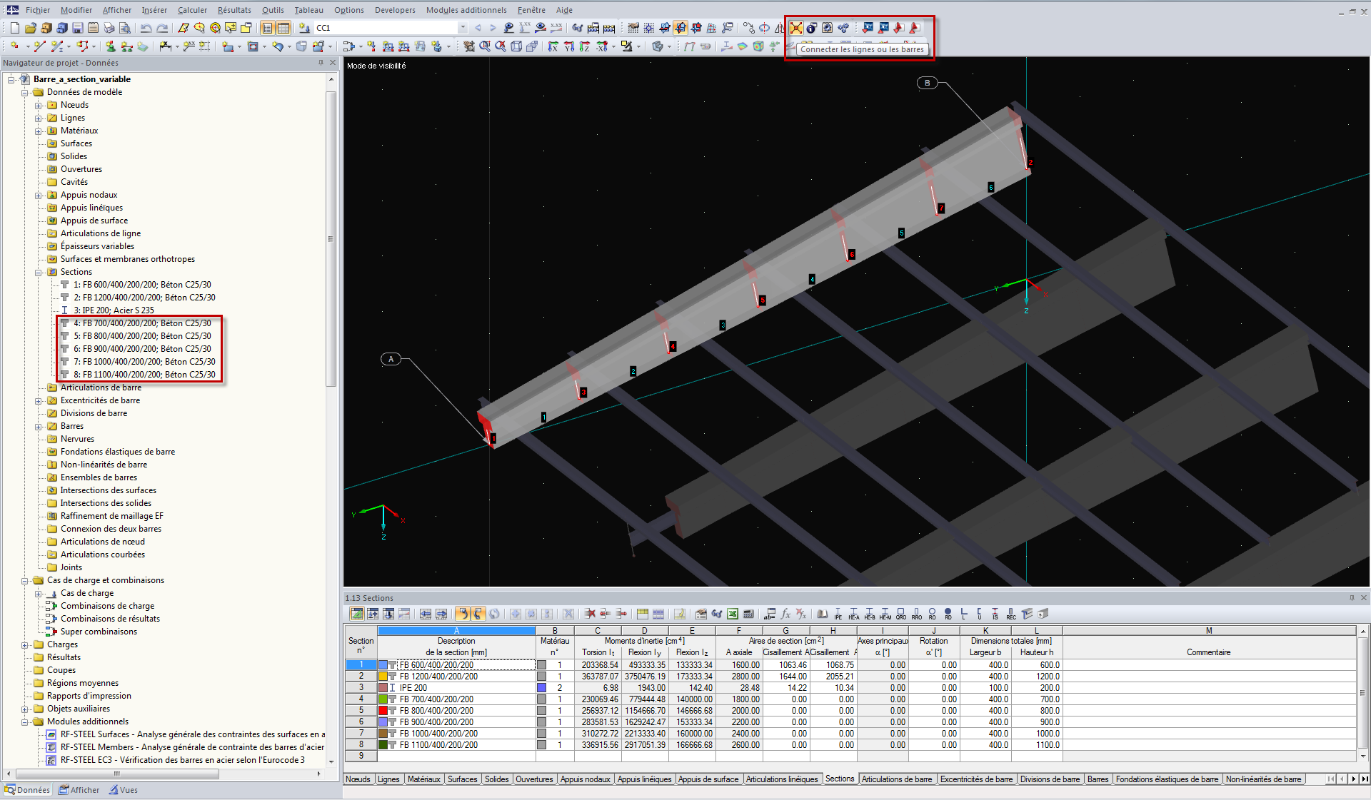 Détermination de la hauteur variable de la section d'une barre à inertie variable à l'aide de l'option « Connecter les lignes ou les barres »