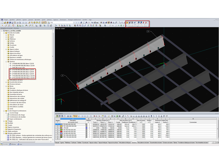 Détermination de la hauteur variable de la section d'une barre à inertie variable à l'aide de l'option « Connecter les lignes ou les barres »