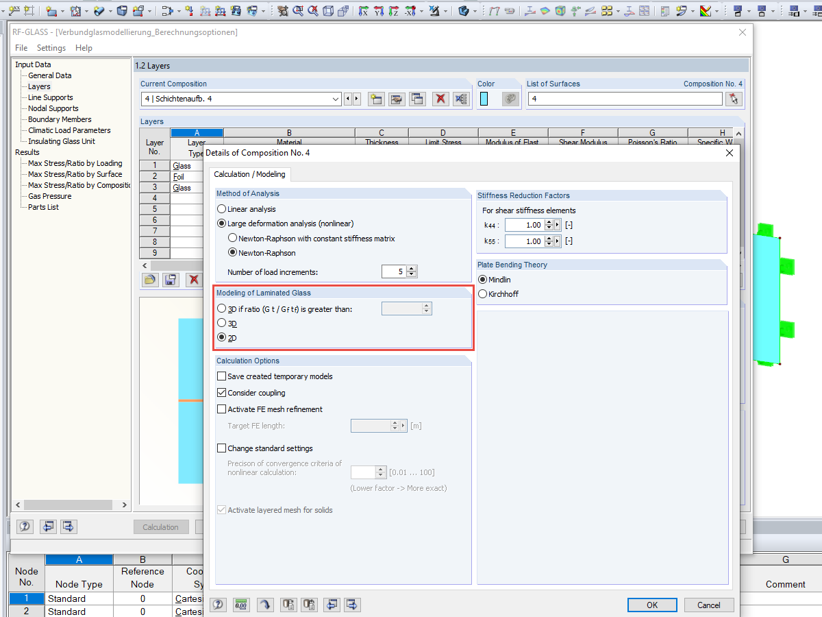 Option de calcul 2D/3D pour le verre stratifié dans RF-GLASS