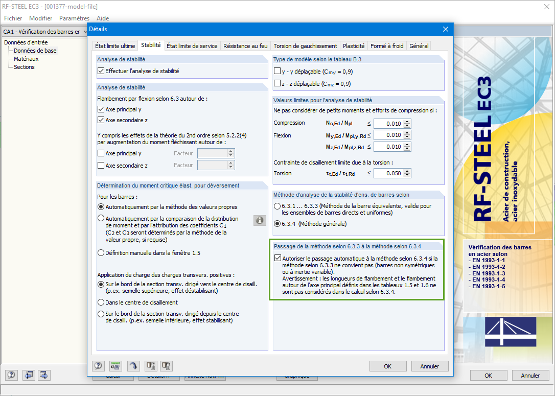 Option du passage automatique d'une méthode à l'autre dans les détails du calcul