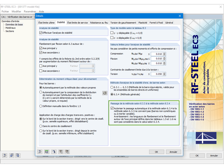 Option du passage automatique d'une méthode à l'autre dans les détails du calcul