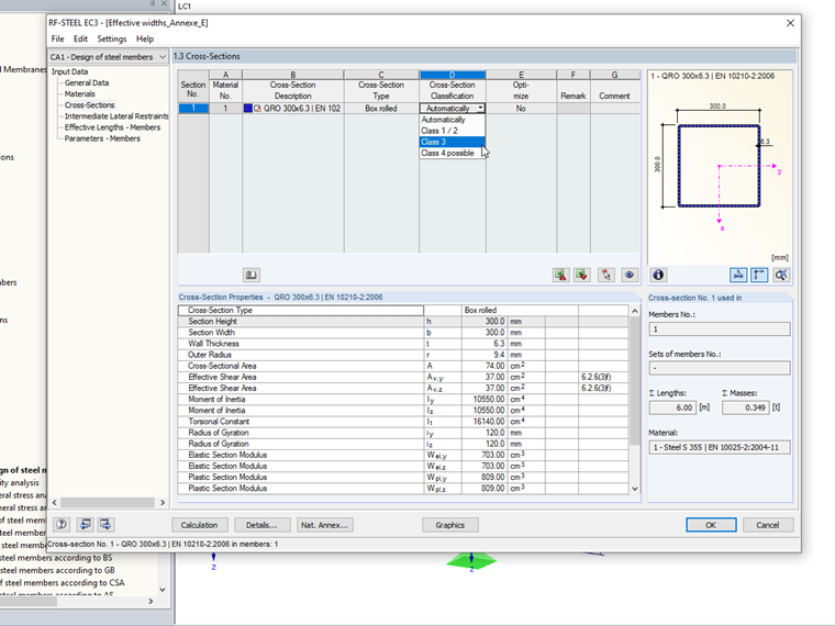 Manuelle Auswahl der Querschnittsklasse