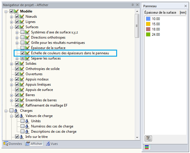Échelle de couleurs des épaisseurs dans le panneau