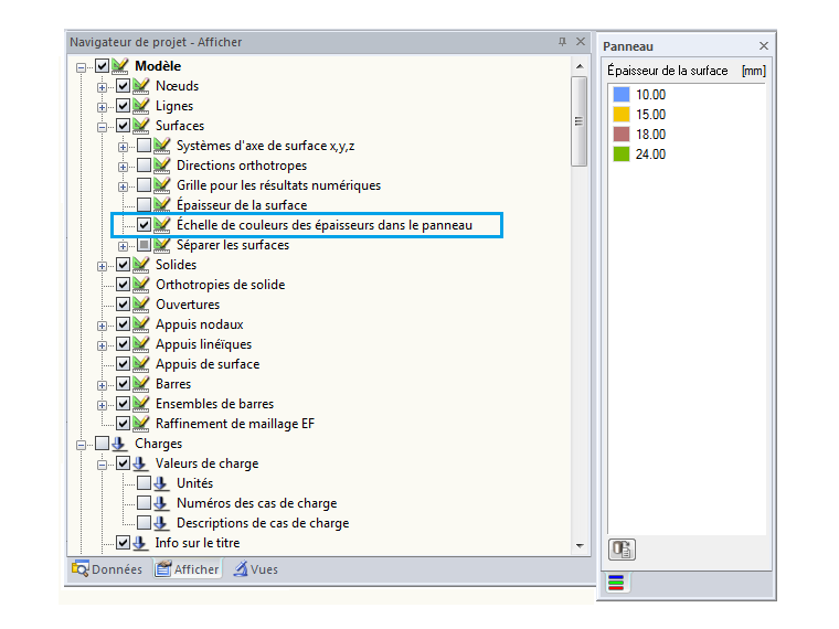 Échelle de couleurs des épaisseurs dans le panneau