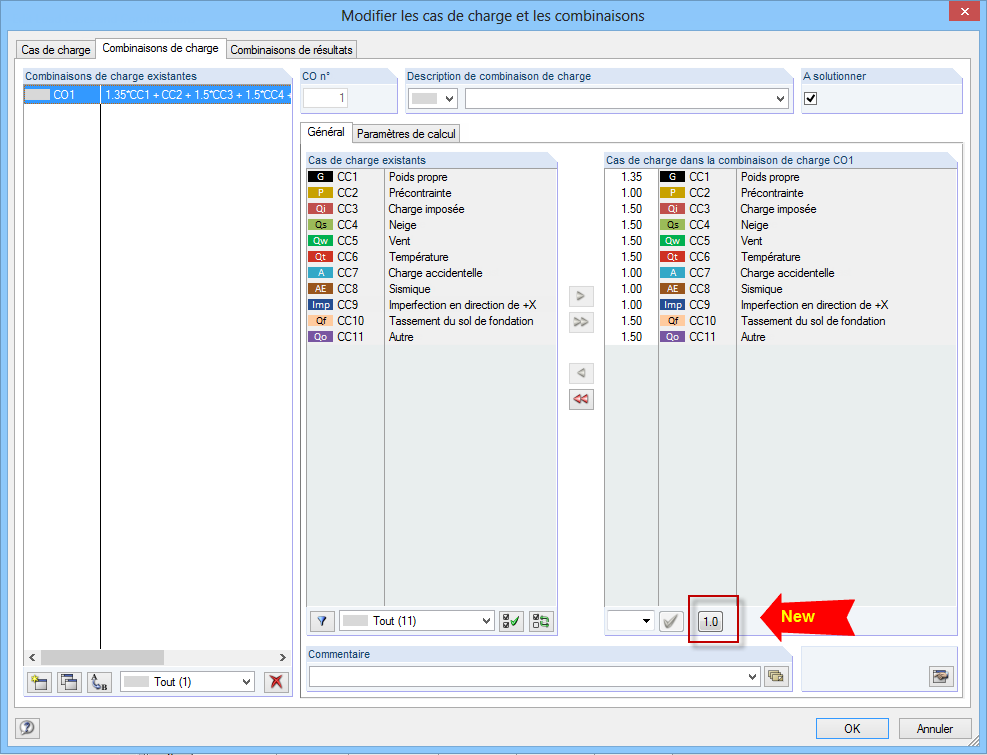 Modifier les cas de charge et les combinaisons
