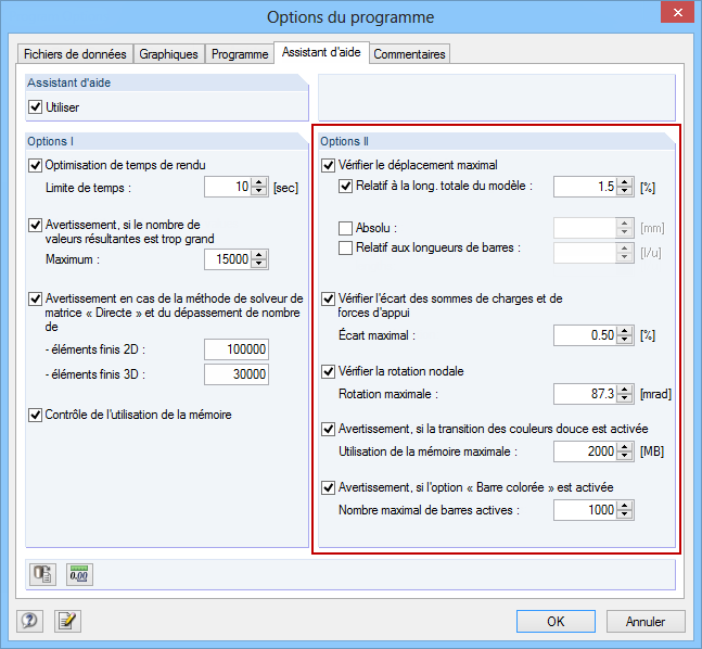 Utilisation des options II dans l'assistant d'aide