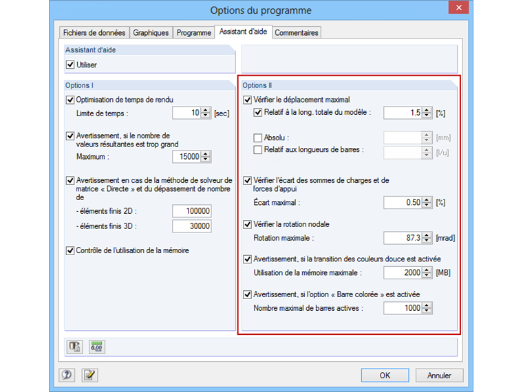 Utilisation des options II dans l'assistant d'aide