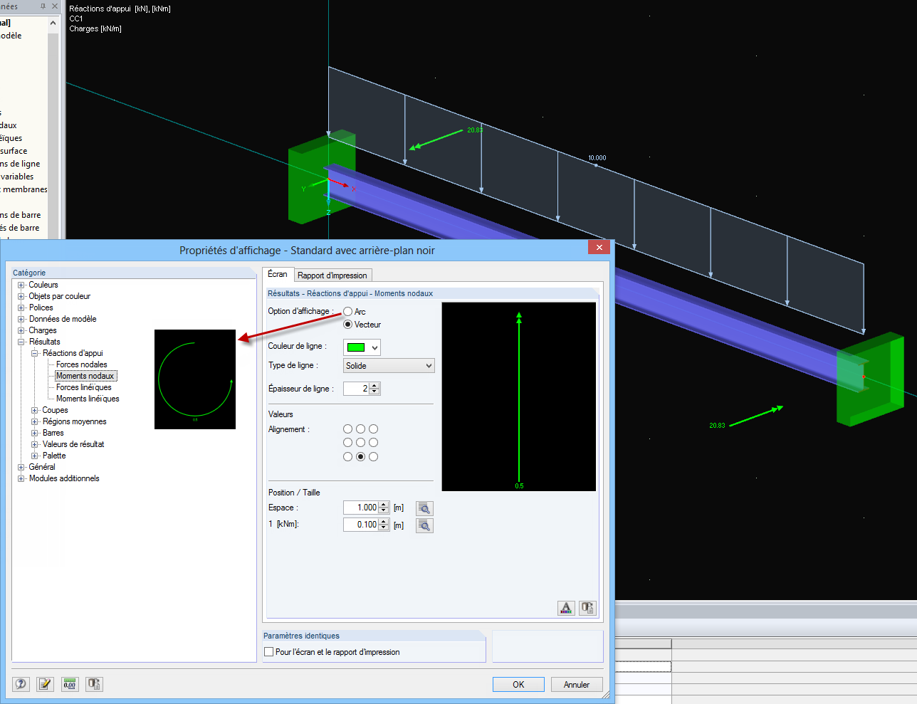 Affichage des moments d'appui sous forme de vecteur