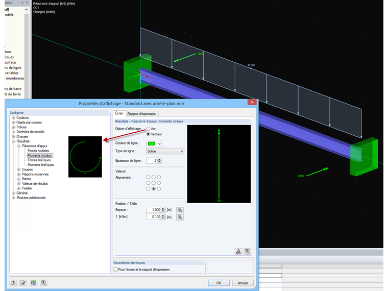 Affichage des moments d'appui sous forme de vecteur