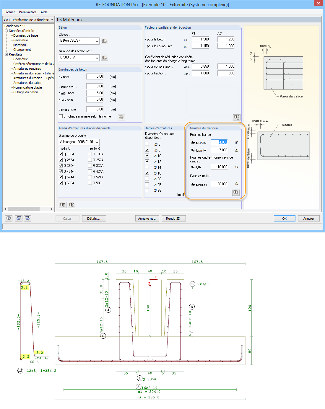 Définition du diamètre du mandrin pour l'armature de fondation