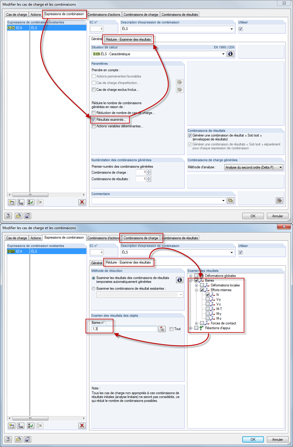 Modifier les cas de charge et les combinaisons