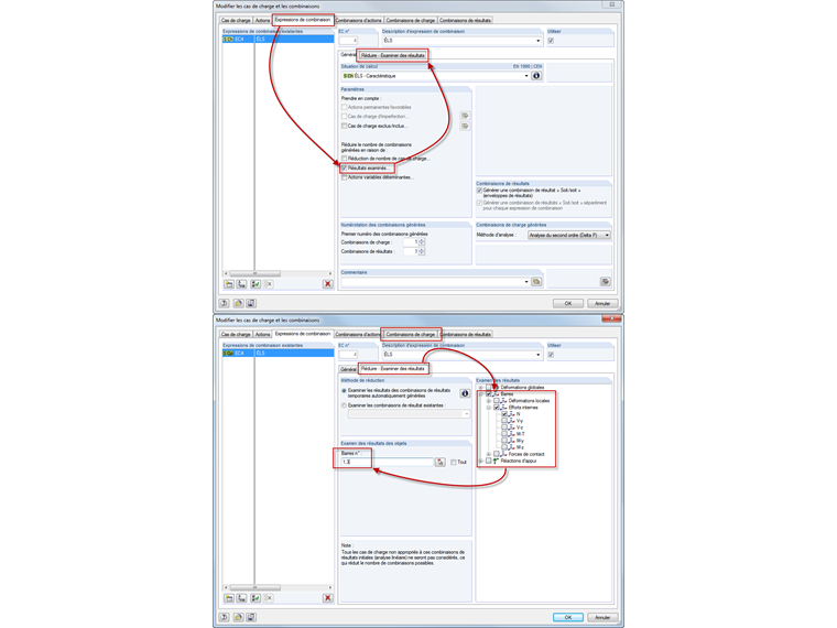 Modifier les cas de charge et les combinaisons