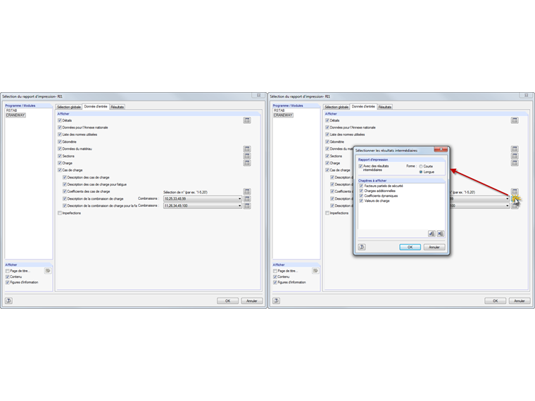 Sélection de combinaisons de charges dans le rapport d'impression de CRANEWAY 8