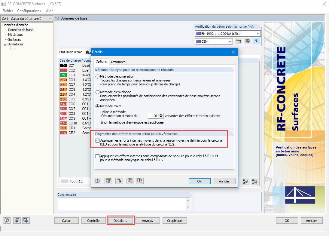 Vérification avec les efforts internes moyens dans la région moyenne