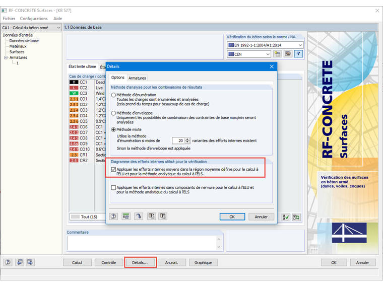 Vérification avec les efforts internes moyens dans la région moyenne