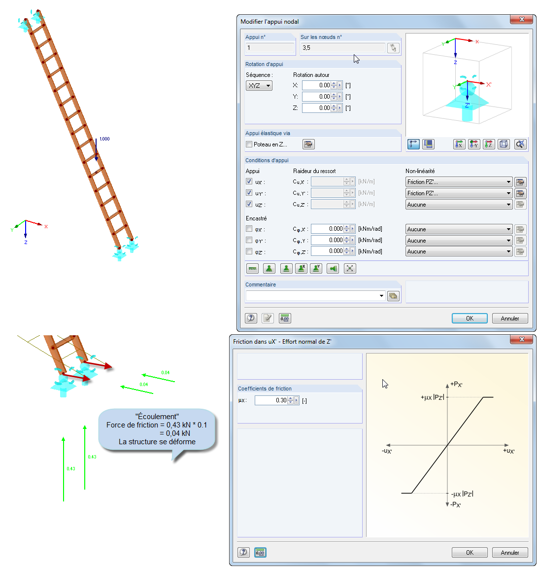 Définition de la non-linéarité des conditions d'appui aux appuis nodaux