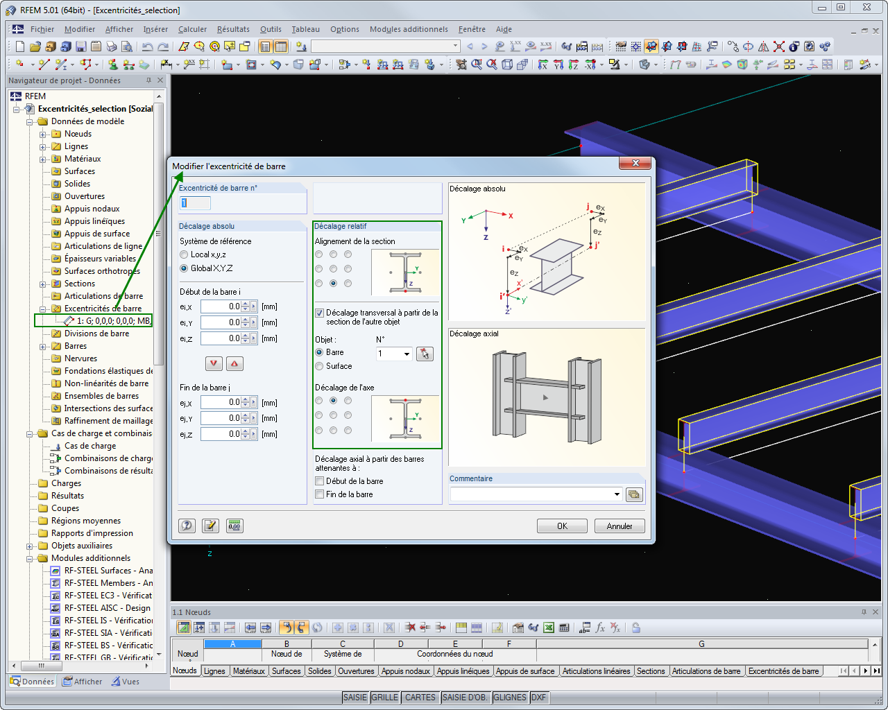 Définition des excentrements automatiques via la fonction «Sélectionner»