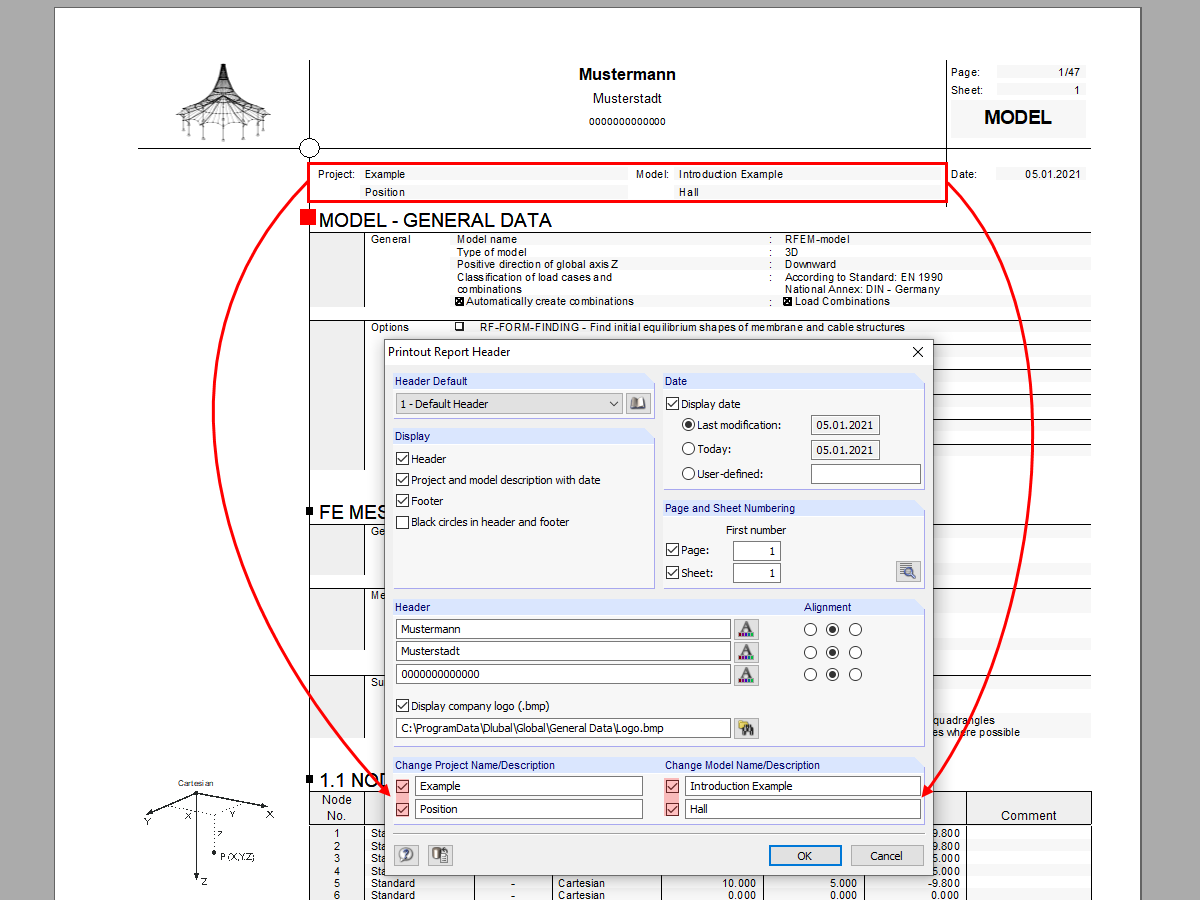 Modification du nom et de la description du projet pour le rapport d'impression