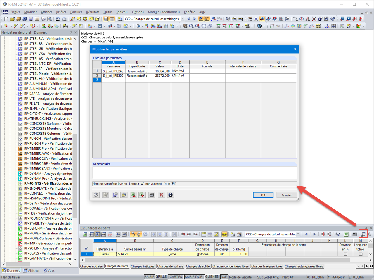 Définition des paramètres pour les articulations de barre