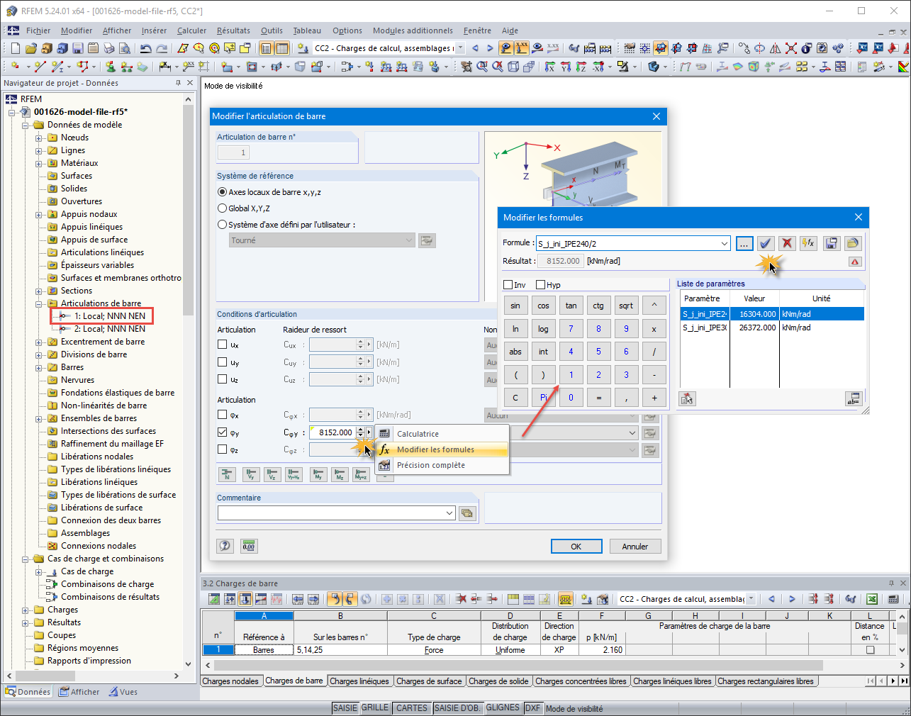 Attribution du paramètre "S_j_ini_IPE240" à l’articulation de barre 1