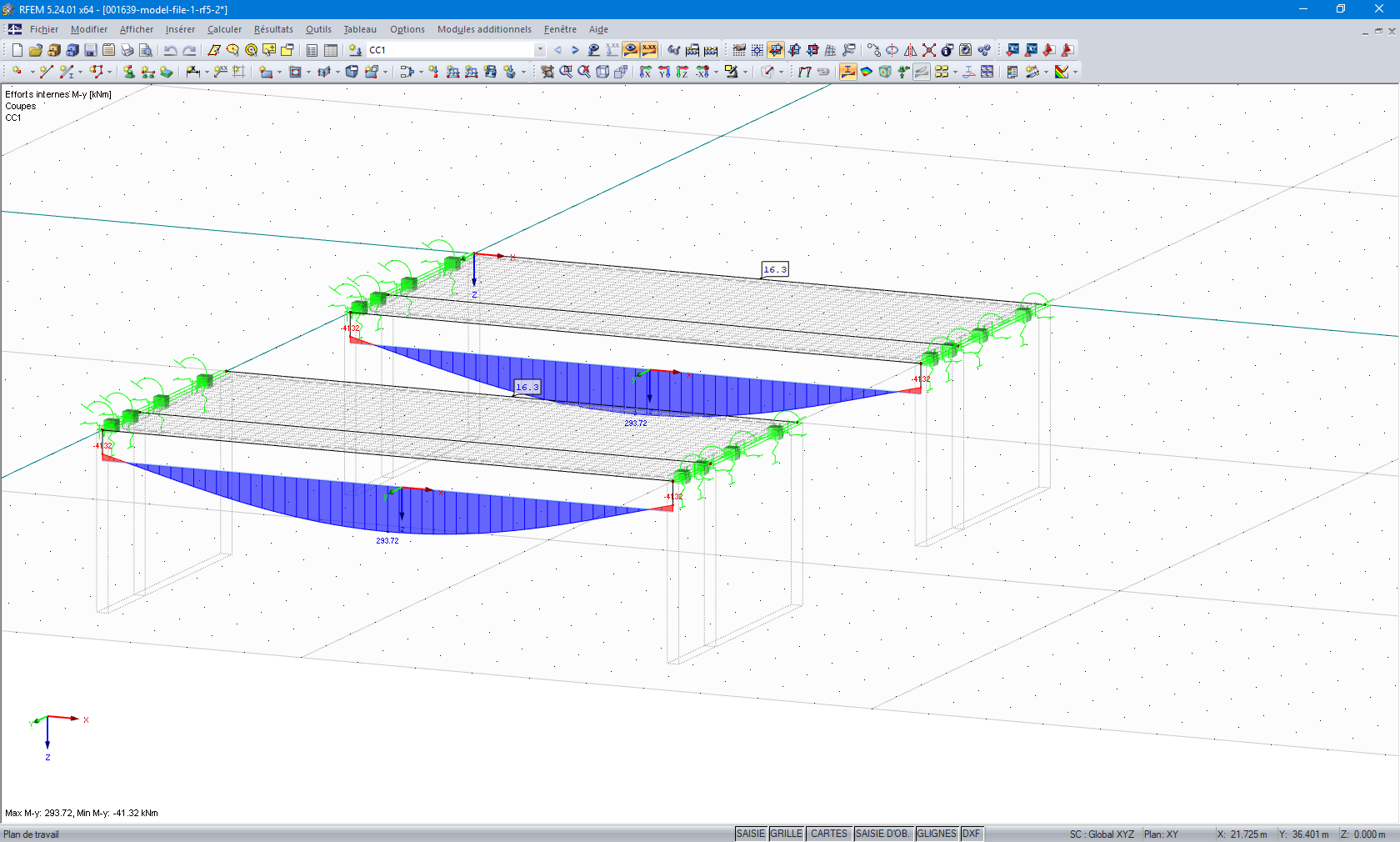 Comparaison des résultats du moment M-y de la nervure de barre et de la nervure de surface