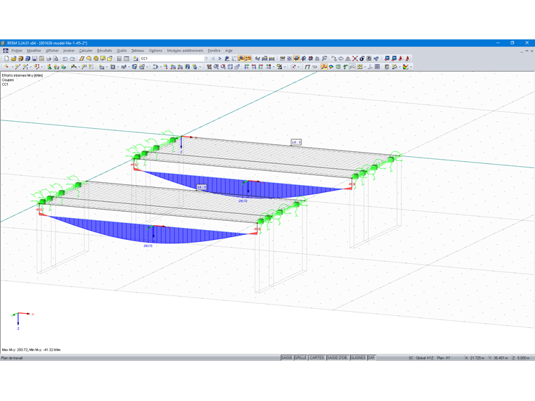 Comparaison des résultats du moment M-y de la nervure de barre et de la nervure de surface