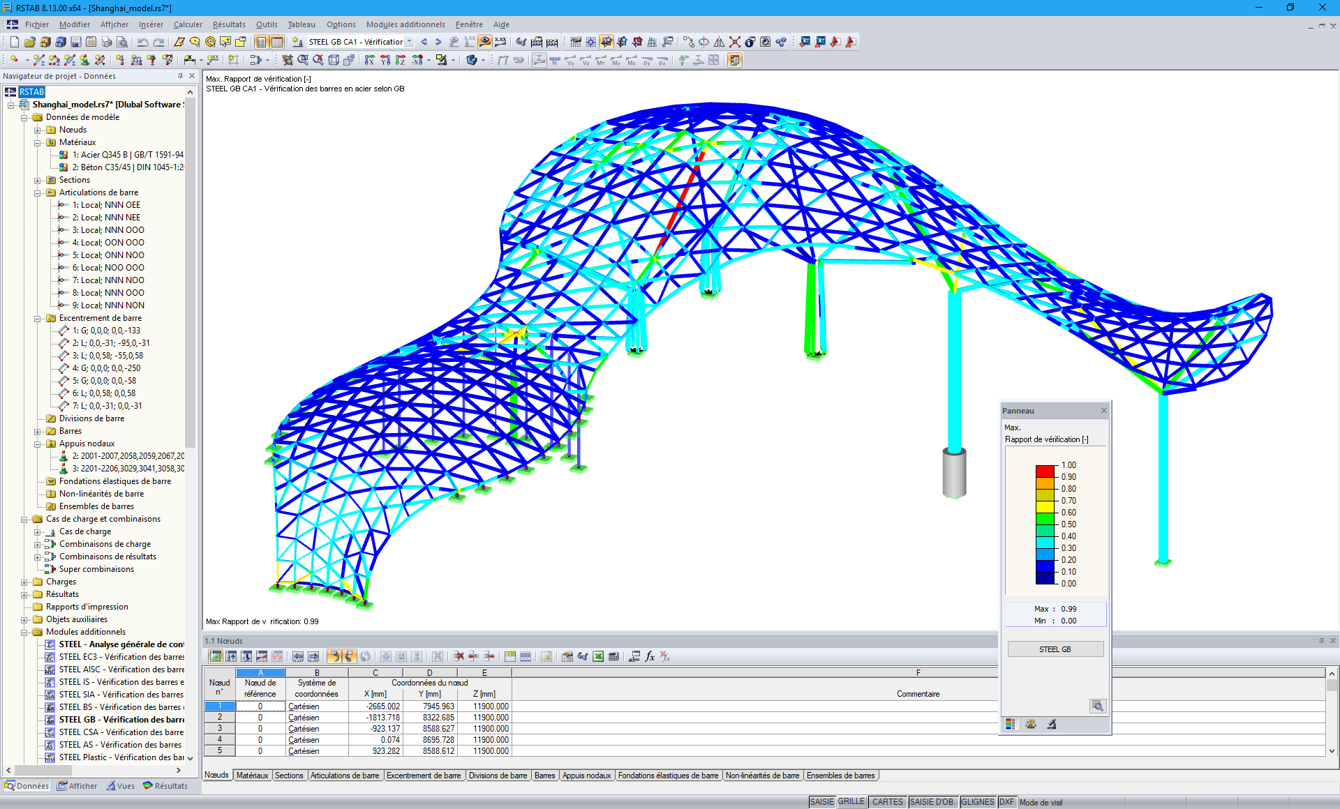 Modèle en 3D de la structure en acier avec affichage des résultats de la vérification selon la norme GB 50017-2003 dans RSTAB (© Novum Structures LLC)